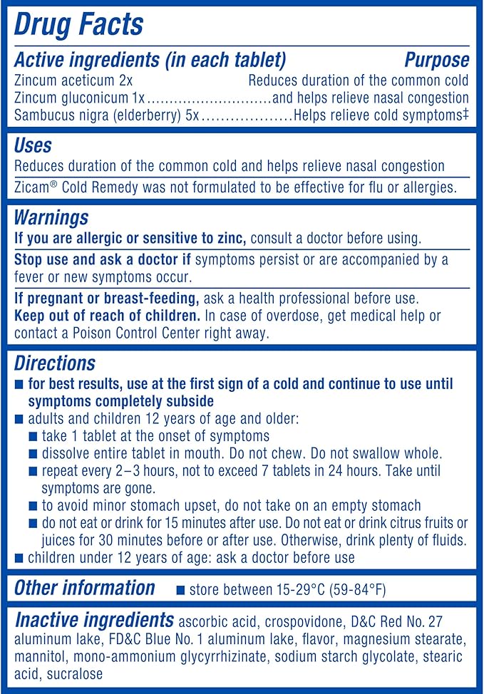 Zicam Cold Remedy Zinc RapidMelts, Elderberry Citrus Flavor, Homeopathic, Cold Shortening Medicine, Shortens Cold Duration, 25 Count