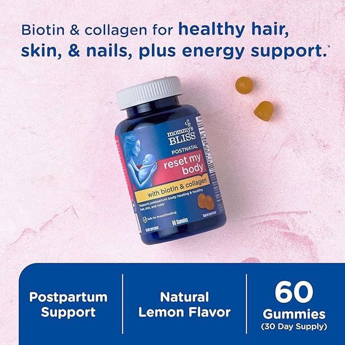 Mommy's Bliss Postnatal Support Reset My Body Gummies with Biotin & Collagen, Supports Postpartum Energy, Healing & Joint Health + Hair, Skin & Nails Health, Gluten Free, 60 Gummies (30 Servings)