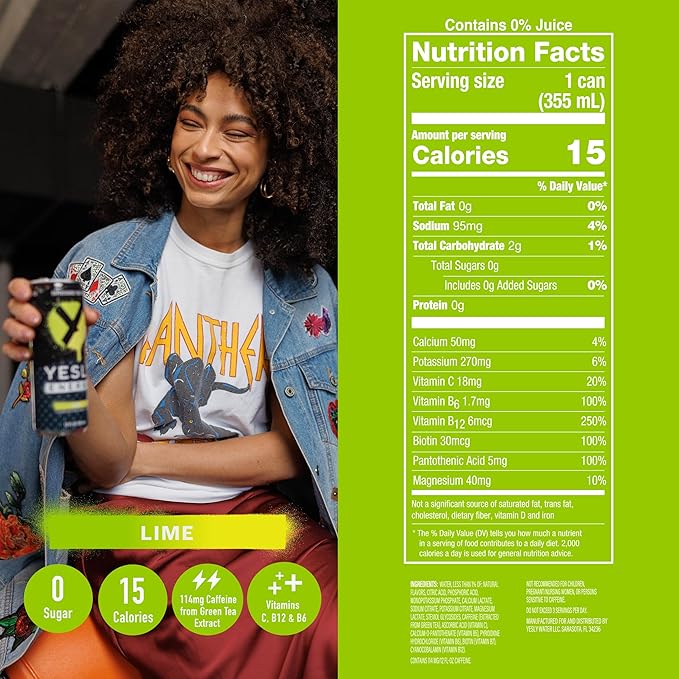 Yesly Energy Drink, Lime, Naturally Flavored Sparkling Energy Drink With Electrolytes, Magnesium, Potassium, Vitamin C, B6 & B12, Natural Caffeine From Green Tea, Zero Sugar, 12 Fl Oz Cans, 12 Pack