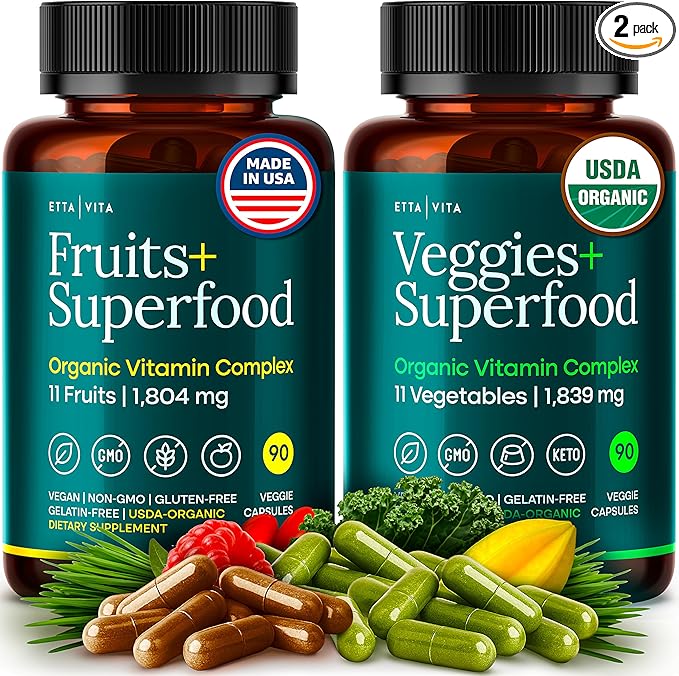 100% Organic Fruits and Veggies Supplement (USDA Organic - Made in USA) 180 Potent Fruits and Vegetable Capsules for Energy Boost & Daily Fruit and Vegetable Vitamins - Vegan, Non-GMO, Gluten-Free