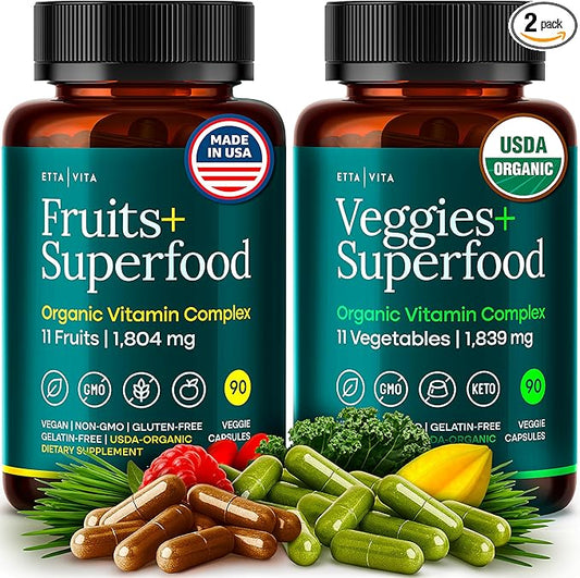 100% Organic Fruits and Veggies Supplement (USDA Organic - Made in USA) 180 Potent Fruits and Vegetable Capsules for Energy Boost & Daily Fruit and Vegetable Vitamins - Vegan, Non-GMO, Gluten-Free