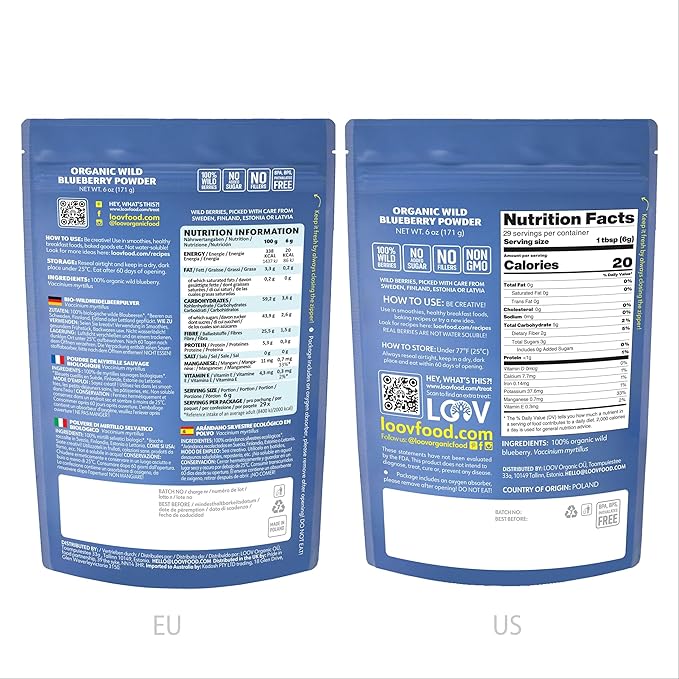 LOOV Organic Wild Blueberry Powder - 29-Day Supply, 6 Oz, Good for Smoothie & Breakfast, Freeze-Dried, from Northern Europe, No Added Sugar