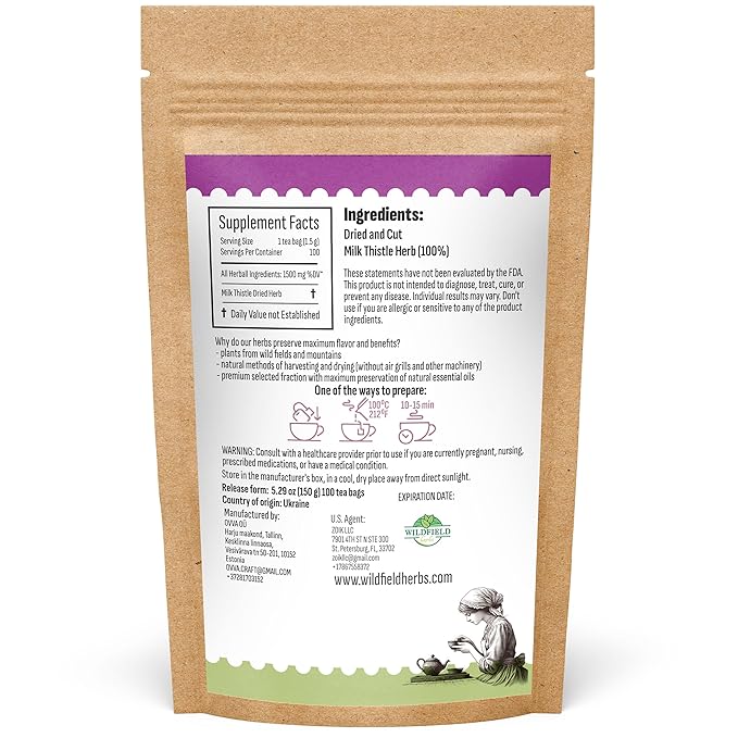 100 Bags Milk Thistle Tea Herb Dried Cardo Mariano Herbal (Silybum Marianum) - 100 Count 1.5g Tea Bags Dry Milk Thistle Herb Cardo De Leche