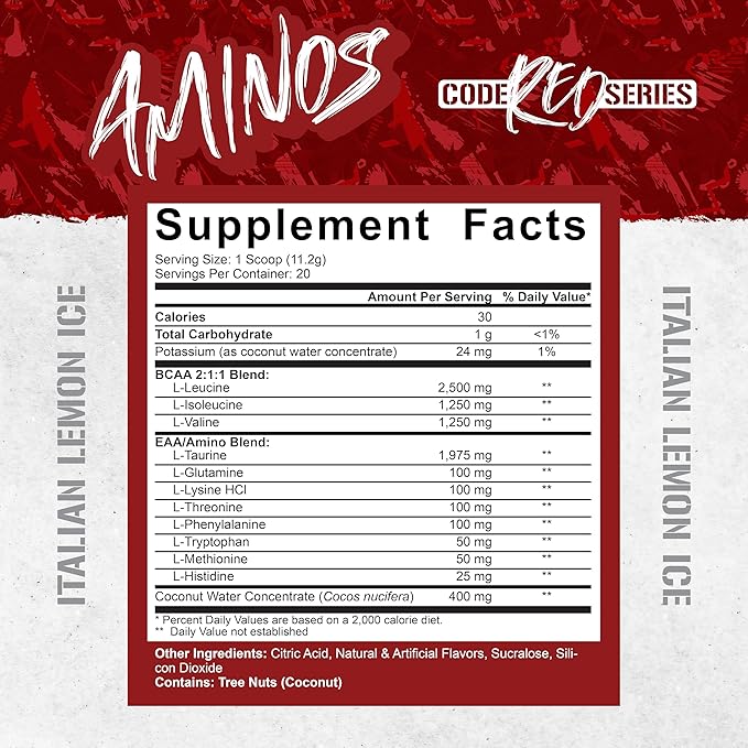 5% Nutrition Code Red Aminos BCAA & EAA Post Workout Recovery Powder | Full Spectrum Essential Amino Acid Complex for Men & Women (Italian Lemon Ice)