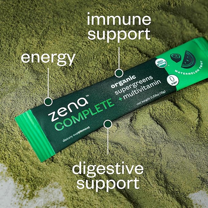 Zena Complete Organic Super Greens Powder & Multivitamin, 90+ Supergreens, Fruits, Veggies, 0 Sugar, 5G Fiber, Pre & Probiotics, Watermelon Citrus Flavor, 30 Packets