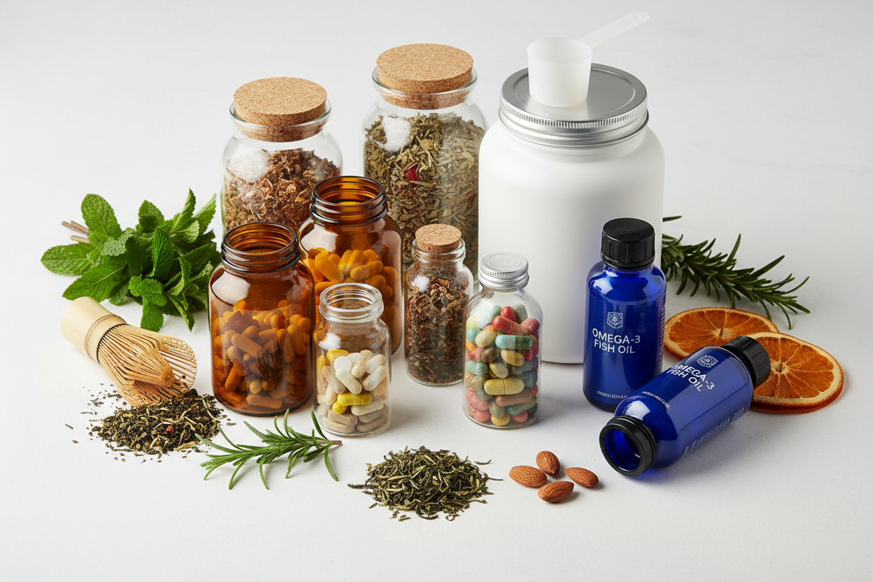 Health supplements and wellness products essential real image