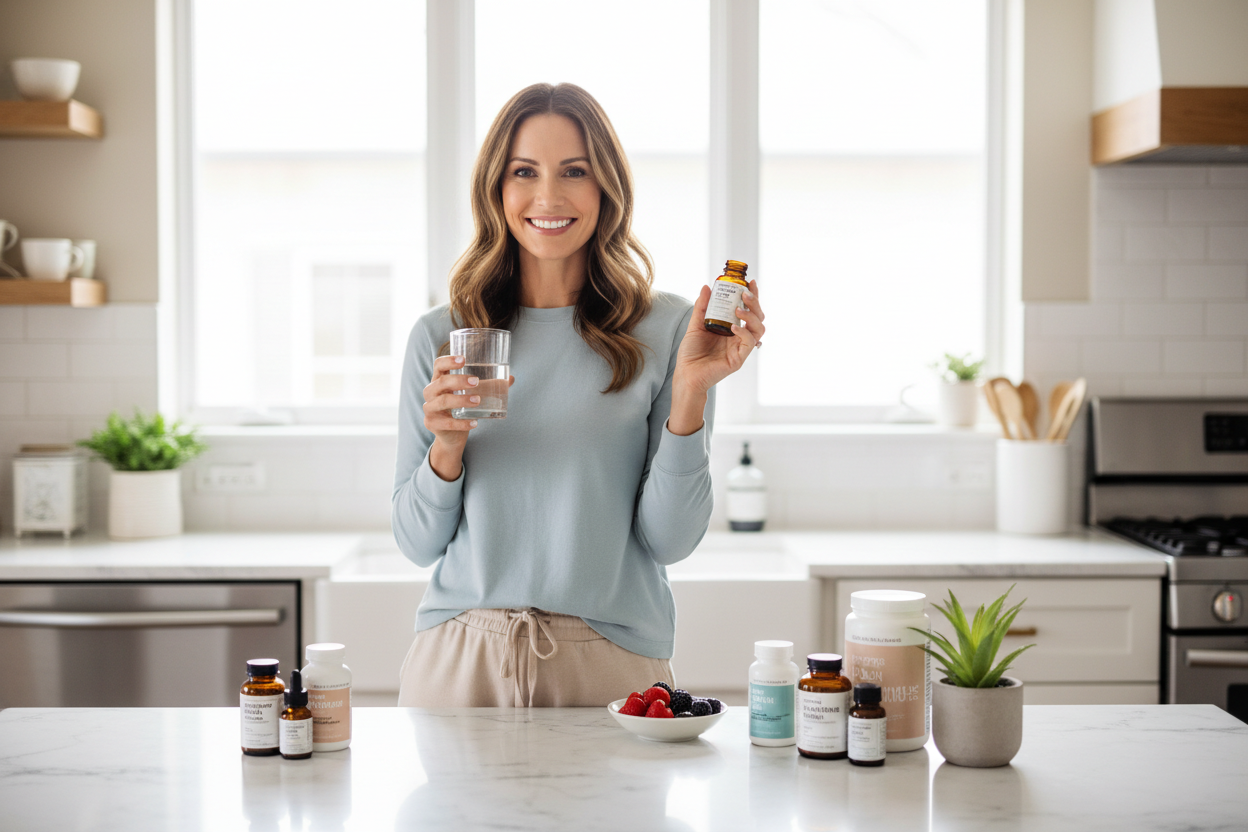 Health supplements and wellness products real image with model